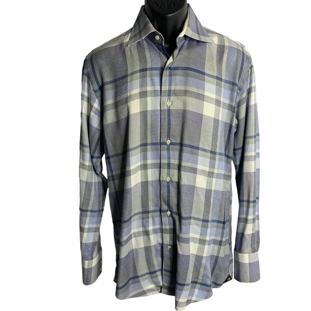 Circle of Gentlemen Button Up Long Sleeve Shirt M Blue Plaid Cotton Collared